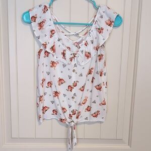 No Boundaries White Floral Tie-Front Blouse